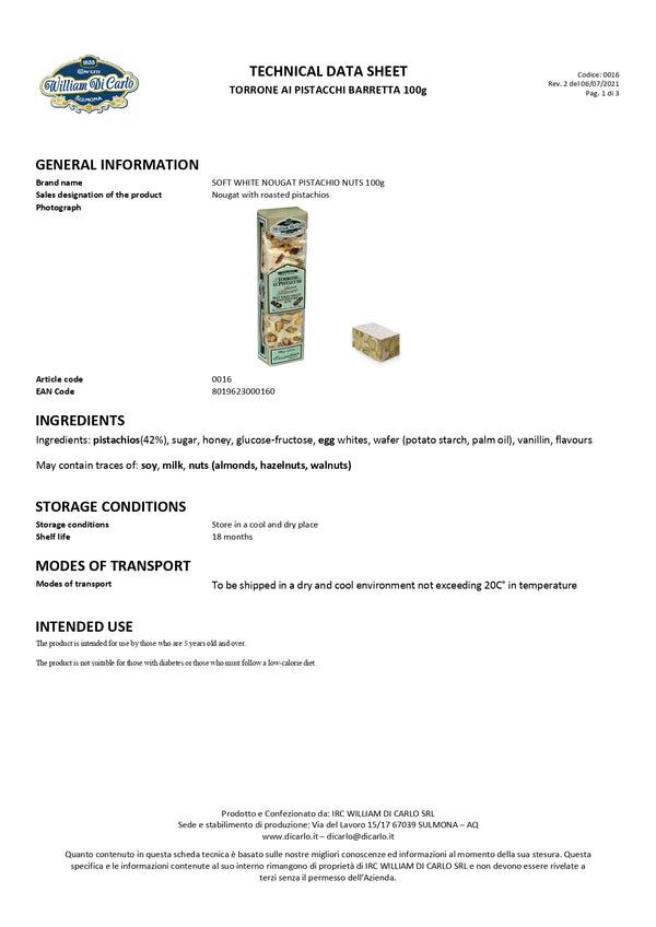 Torrone | Bianco ai Pistacchi | 100g - I.R.C. William Di Carlo Srl