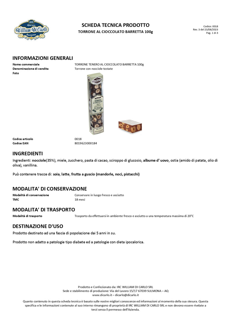 Torrone | Tenero al Cioccolato | 100g - I.R.C. William Di Carlo Srl