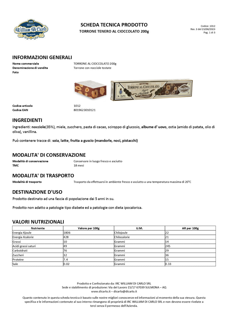 Torrone | Tenero al Cioccolato | 200g - I.R.C. William Di Carlo Srl