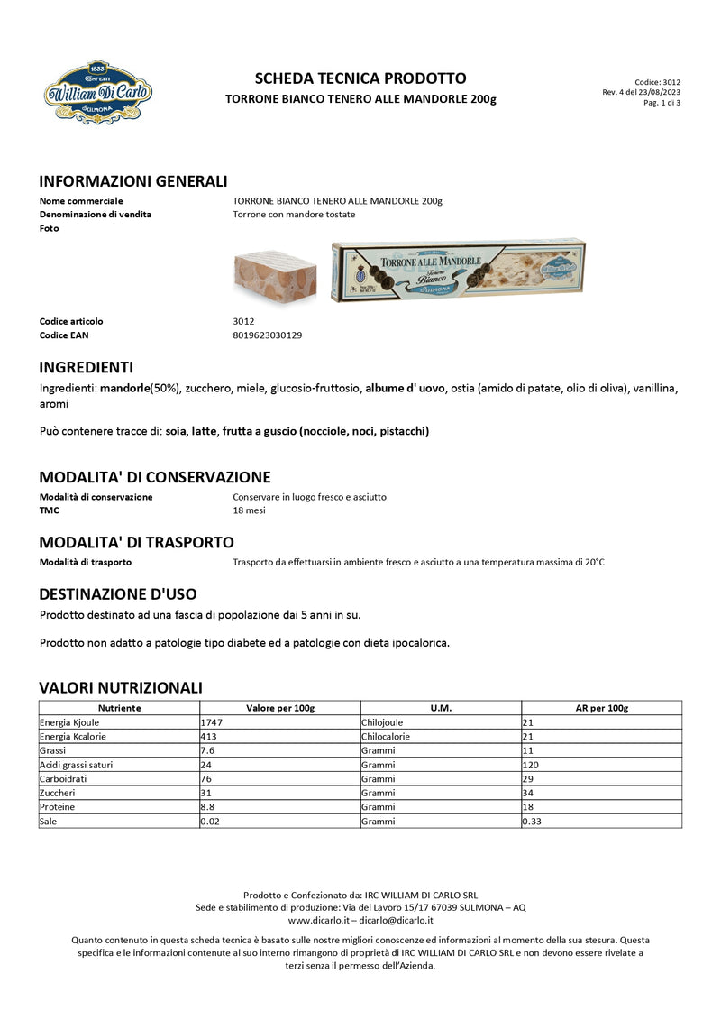 Torrone | Bianco Tenero alle Mandorle | 200g - I.R.C. William Di Carlo Srl