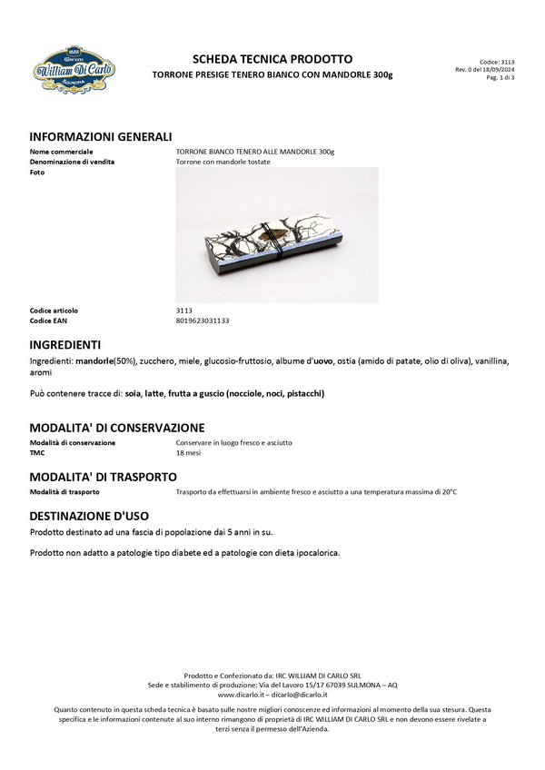 Linea Prestige | Torrone Tenero Bianco con Mandorle | 300g - I.R.C. William Di Carlo Srl